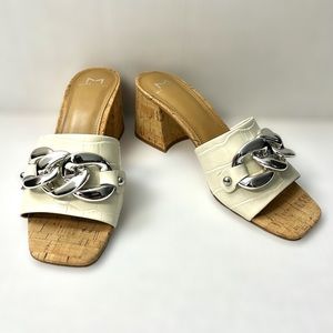 Marc Fisher White Cream Silver Chain Cork slide Sandals Block Heels Casual 8.5 M